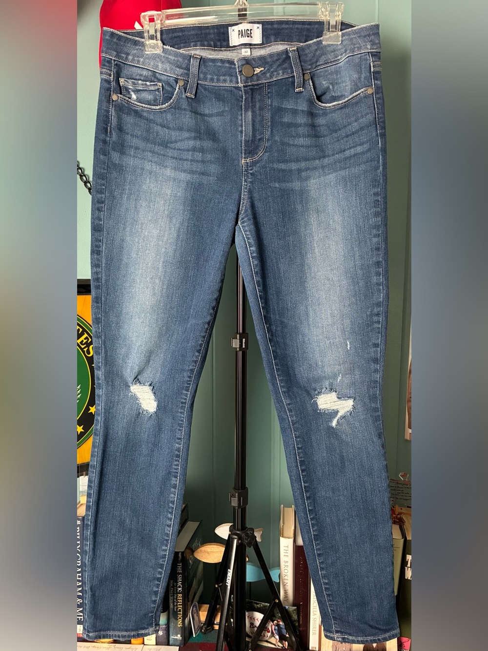 PAIGE Medium Blue Skinny Jeans with Knee Rips
